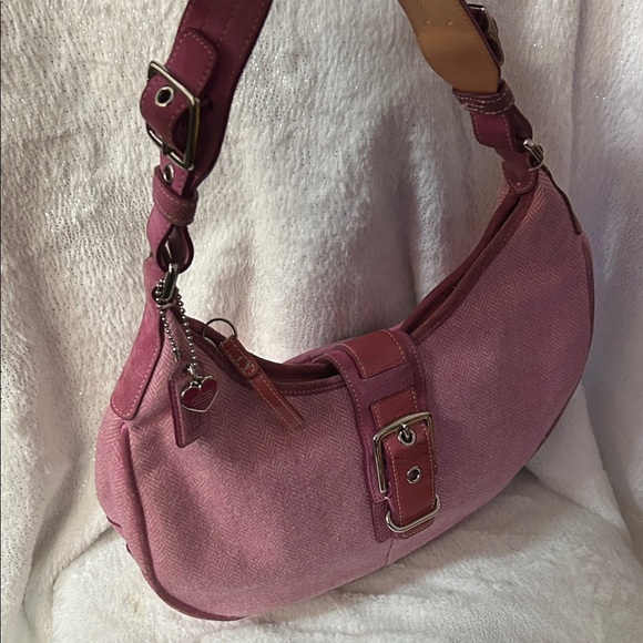 Coach RARE Vintage Suede Leather Canvas Pink Shoulder Bag with Buckle flap - Picture 4 of 17